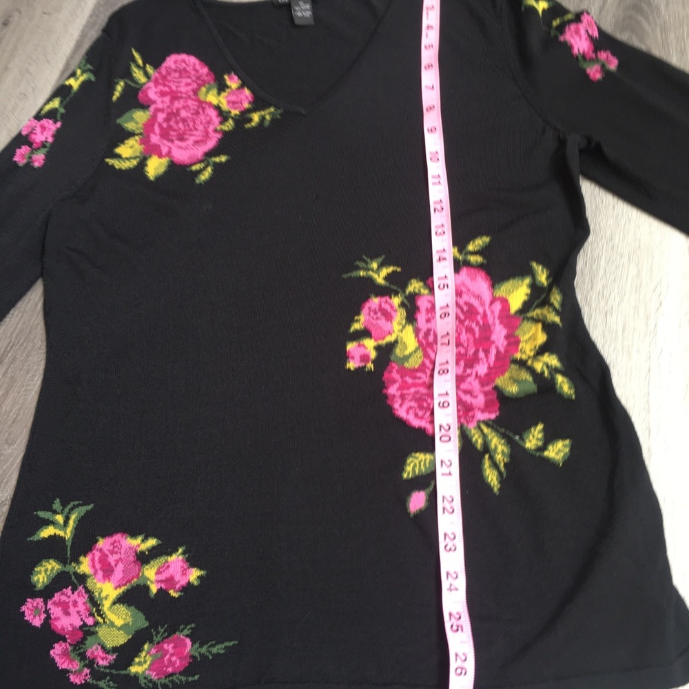 INC  Dramatic Sleeves Black V-Neck Sweater Pink Rose Embroidery - Picture 10 of 13